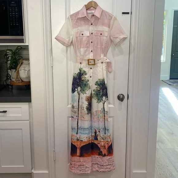 House of Maguie Tropical Mode Palm Print Utility Pockets Flared TrousersJumpsuit - Picture 1 of 17